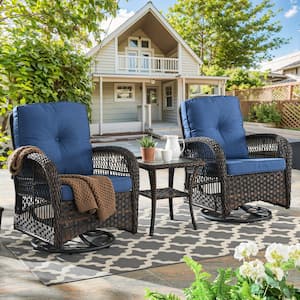 3-Piece Openwork Weaving Wicker Patio Conversation Swivel Rocking Chairs Set with Cushions and Coffee Table
