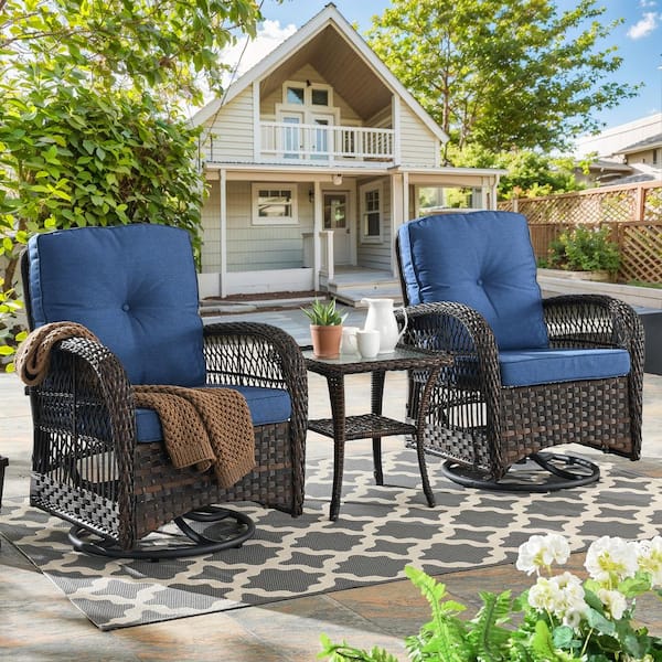 Pocassy 3-Piece Openwork Weaving Wicker Patio Conversation Swivel Rocking Chairs Set with Cushions and Coffee Table