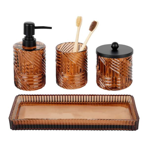 4-Piece Bath Accessory Set with Lotion Soap Dispenser, Toothbrush Holder, Qtip Holder Dispenser and Tray in Amber Glass