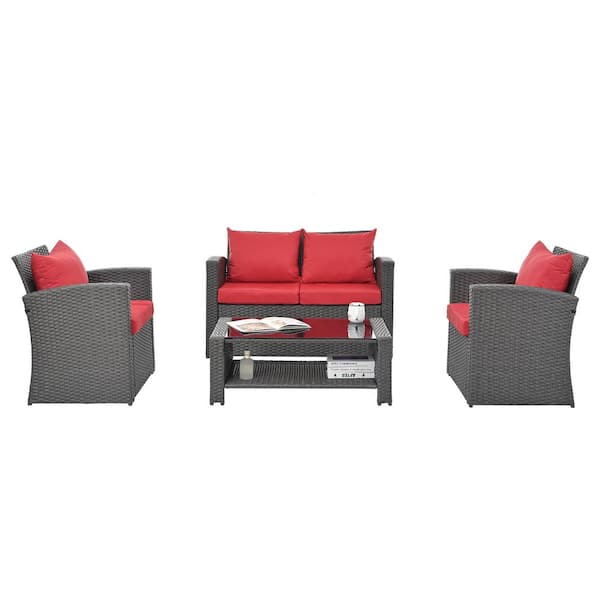 Zeus & Ruta Dark Gray 4-Piece Wicker Outdoor Patio Conversation Set with Red Cushions and Tempered Glass Coffee Table