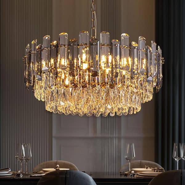 24 in. Modern Glam Soft 13-Light Gold Round Crystal Chandelier for Kitchen Island Dinning Table Living Room