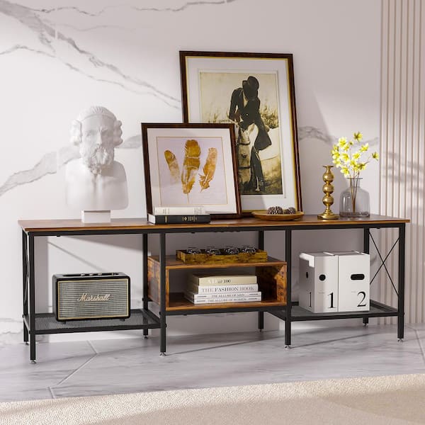 VECELO Industrial TV Stand television Cabinet 3-Tier Console with Open Storage Shelves 63 in. Brown