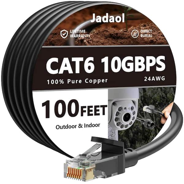 Lukyamzn 100 ft. Heavy-Duty Outdoor Cat 6 Unshielded Gold Plated Round Ethernet Cable - Black
