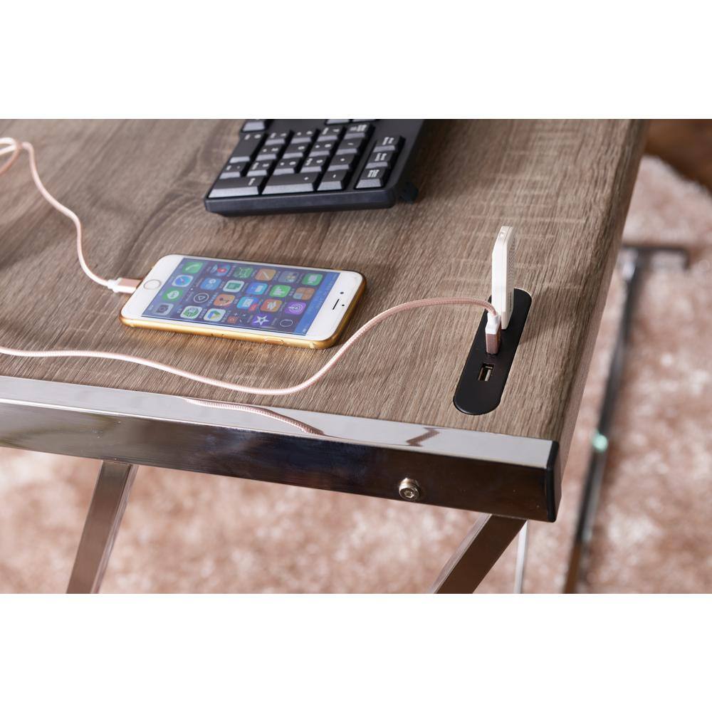 47" Weathered Oak and Chrome Desk with USB Port