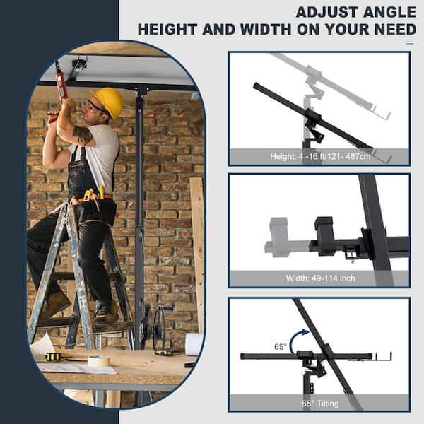 16 ft. Steel Black Drywall Lift Jack Lift Drywall Panel Hoist with Adjustable Telescopic Arm and Lockable Casters