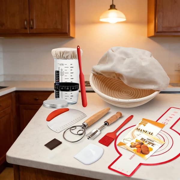 Complete Sourdough Bread Baking Set with Natural Rattan Proofing Basket and Glass Starter Jar for Home Bakers