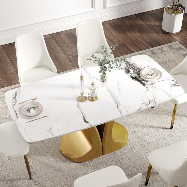 Magic Home 70.8 in. Ink Rectangle Round Edge Sintered Stone Top Pedestal Pandora Gold Metal Base Dining Table (Seats-8)