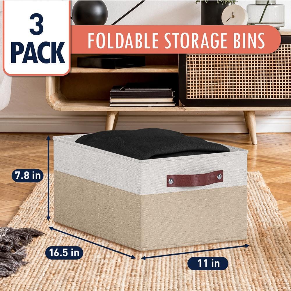 Extra Large White and Khaki Fabric Storage Bins with Faux Leather Handles - 3 Pack