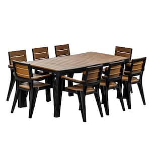 Madeira 9-Piece Black and Teak Brown Indoor and Outdoor 8-Seat Rectangular Table and 8 Arm Chair Set