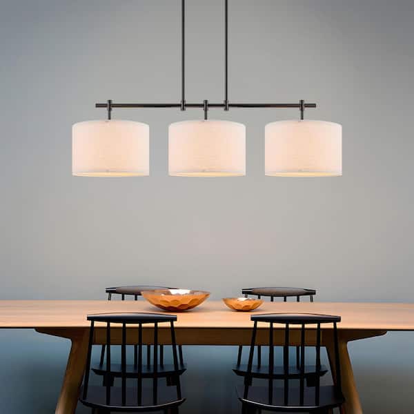 3-Light Farmhouse Black Linear Pendant Light with Drum Fabric Shade