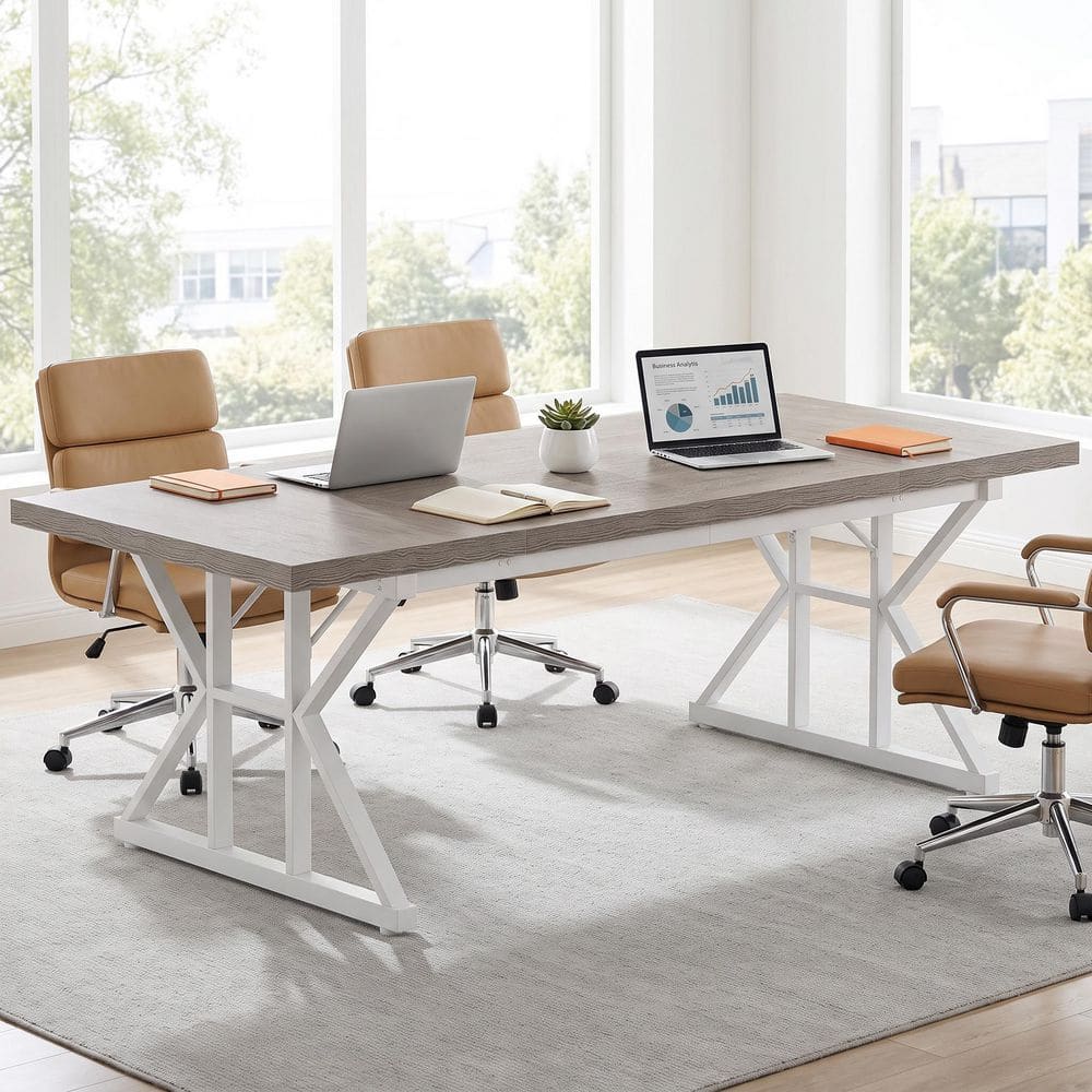 Capen 70.8 in. Rectangular Gray and White Engineered Wood Executive Desk Computer Desk Conference Table for Home Office