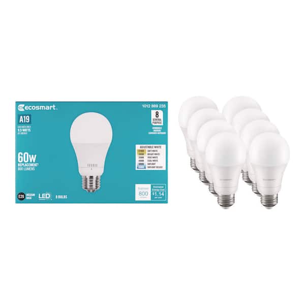 60-Watt Equivalent A19 E26 Base Dimmable LED Light Bulb with Selectable Color Temperature (8-Pack)