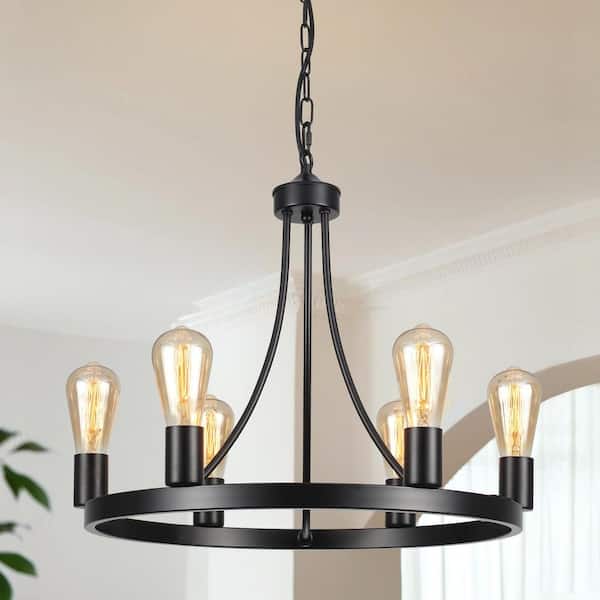 6-Light Farmhouse Black Candlestick Circle Wagon Wheel Linear Chandelier Lighting for Kitchen Island