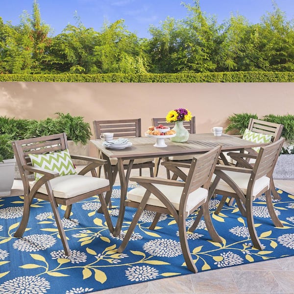 Noble House Hermosa Gray 7-Piece Wood Outdoor Dining Set with Cream Cushions