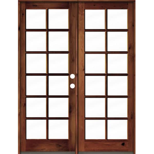 72 in. x 96 in. French Knotty Alder Wood 12-Lite Clear Glass Red Chestnut Stain Left Active Double Prehung Front Door