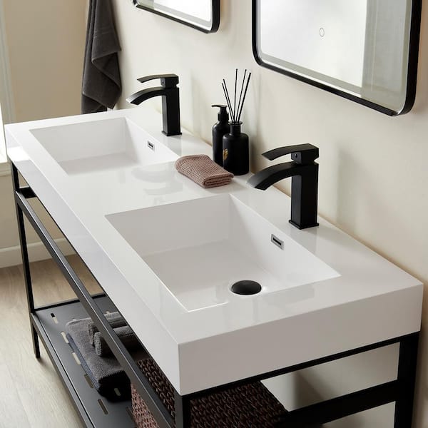 ROSWELL Ablitas 59.8 in. Composite Stone Double Console Bathroom Sink in White