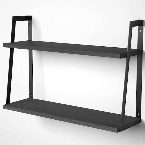 Cubilan 5.8 in. x 23.5 in. x15.6 in. Black Wood 2-Tiers Floating Decorative Wall Shelves with Metal Brackets