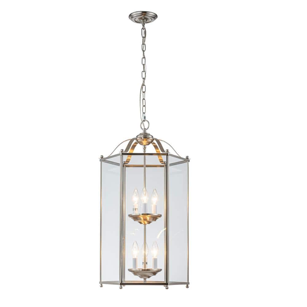 6 Light 2-Tier Satin Nickel Lantern Pendant Light 17-Inch Vintage Empire Style Chandelier with Clear Glass Shade price history on PriceWatchPro