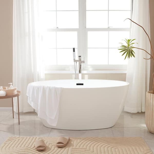 Calais 55 in. L x 32 in. W Acrylic Flatbottom Freestanding Bathtub with Center Drain in White/Matte Black