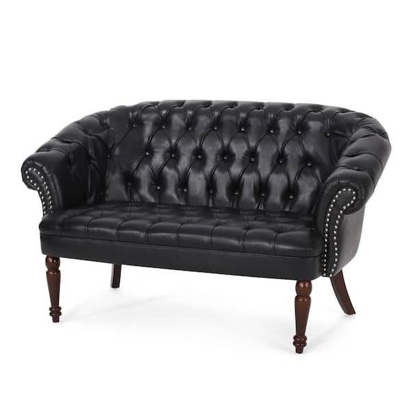 Noble House Hallin 57 in. Midnight Black Faux Leather 2-Seat Loveseat