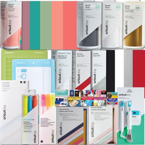 Joy Ultimate 55+ Piece Sampler Cutting Materials and Accessories Kit with Vinyl Rolls, HTV, Cards, Pens, Tools and Mats