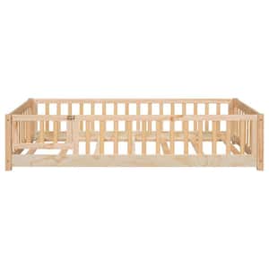 Beige Wood Frame Twin Platform Bed with Fence and Door