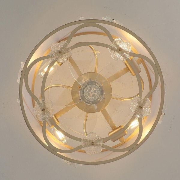 19 in. Indoor Gold 6-Speed  Flush Mount Fabric and Glass Flower Caged Boho Ceiling Fan Light with Remote Control