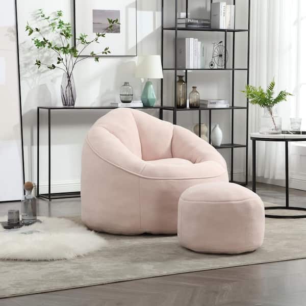 Pink Microfiber Bean Bag Chair with Ottoman, Foam Filled Lounge Seat for Bedroom, Living Room and Reading Room