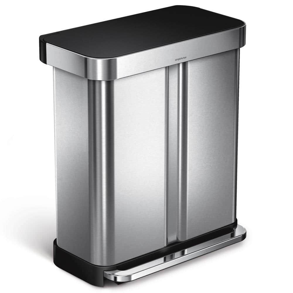 simplehuman 58 Liter Rectangular Dual Compartment Step Trash Can with Black Plastic Lid, Brushed Stainless Steel