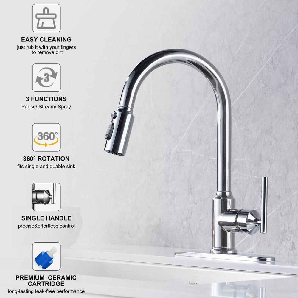 Polished Chrome Stainless Steel Pull Down Kitchen Faucet with Soap Dispenser