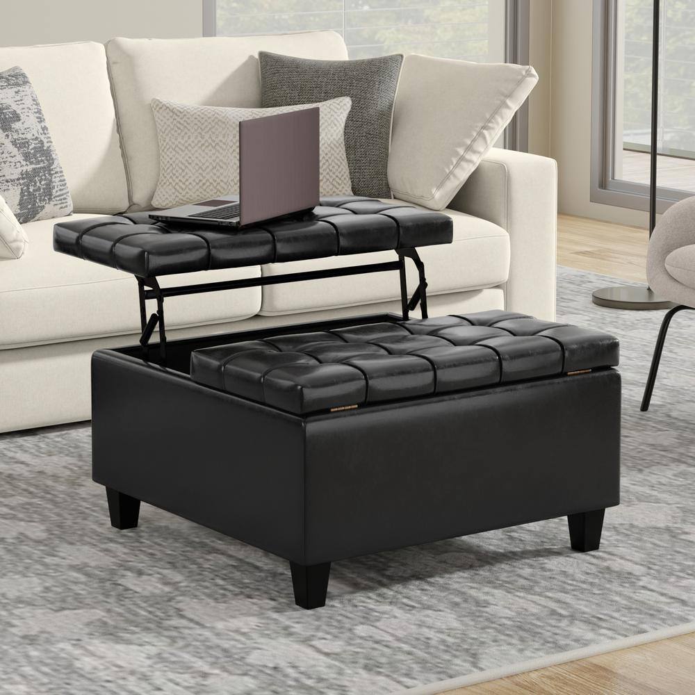 Midnight Black Tufted Faux Leather Storage Ottoman