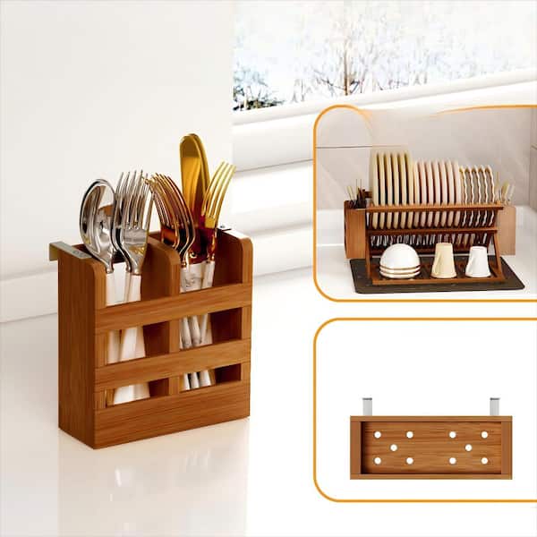 3-Tier Bamboo Dish Drying Rack with Utensil Holder, Large Folding Drying Holder for Kitchen Counter, Teak