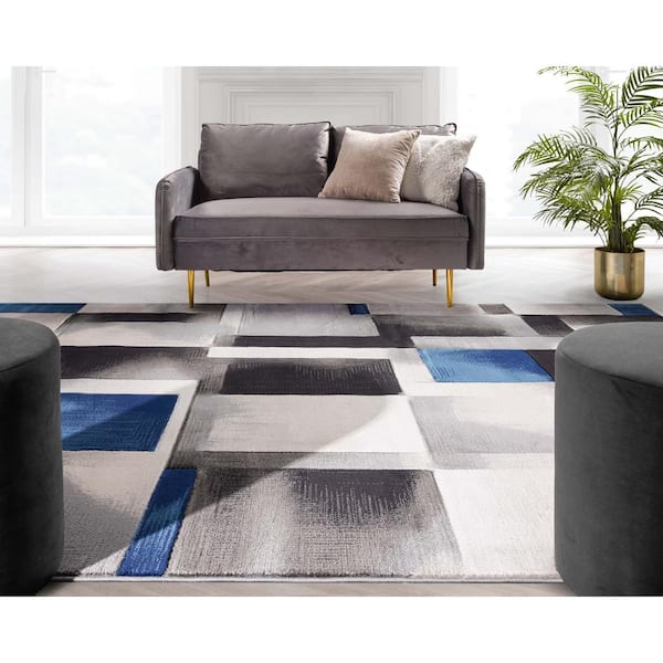 Good Vibes Louisa Blue Modern Geometric Boxes 3 ft. 11 in. x 5 ft. 3 in. Area Rug