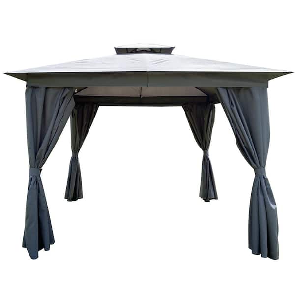 Unbranded 10 ft. x 10 ft. Outdoor Patio Garden Gazebo Tent with 2 Sets Canopy and Curtain Curtains in 2 Gray Beige