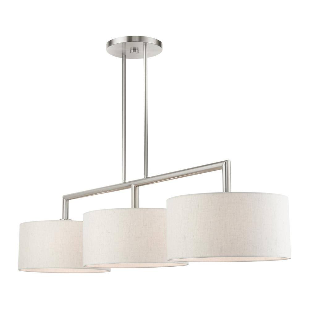 Meridian Brushed Nickel 3-Light Linear Chandelier with Oatmeal Shades