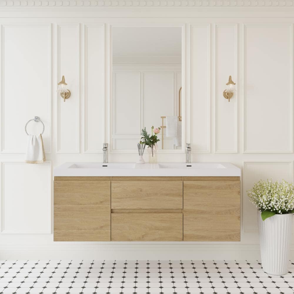 60 in. W Double Sink Floating Bath Vanity in Natural Oak with White Solid Surface Sink Top price history on PriceWatchPro