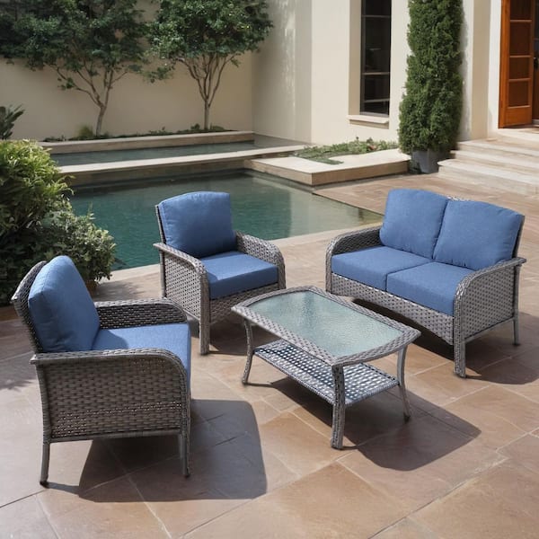 Hyacinth Gray 4-Piece Wicker Patio Outdoor Conversation Seating Set with a Coffee Table and Denim Blue Cushions