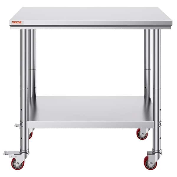 Rectangle Metal Outdoor Side Table with 4-Wheels, Commercial Food Prep Worktable with Casters for Home in Silver