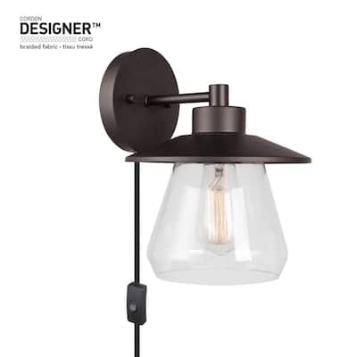 Nate 1-Light Dark Bronze Plug-In or Hardwire Wall Sconce with Clear Glass Shade, CEC Title 20 Bulb Included