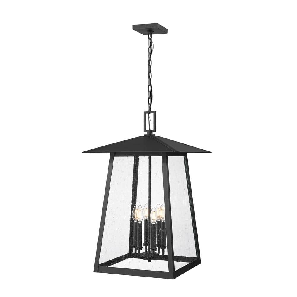 Rainer 28 in. 6-light Black Dimmable Outdoor Pendant-Light with Clear Seedy