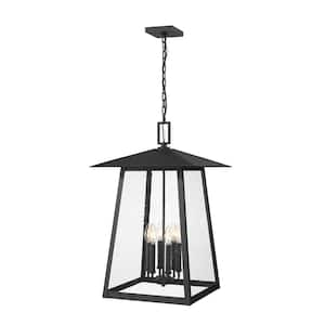 Rainer 28 in. 6-light Black Dimmable Outdoor Pendant-Light with Clear Seedy Glass with no bulbs included