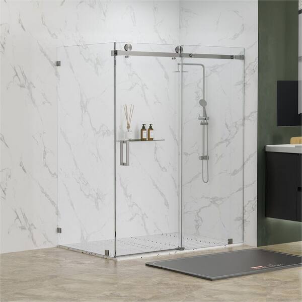 Serenity 48 in. W x 36 in. D x 76 in. H Sliding Frameless Corner Shower Enclosure in Brushed Nickel with Clear Glass