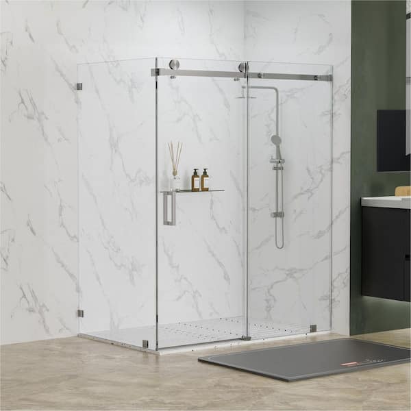 Serenity 66 in. W x 38 in. D x 76 in. H Sliding Frameless Corner Shower Enclosure in Brushed Nickel with Clear Glass