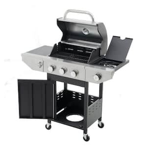 3-Burner Portable Propane Gas Grill Barbecue Grill in Stainless Steel with Side Burner, Thermometer and Wheels for BBQ