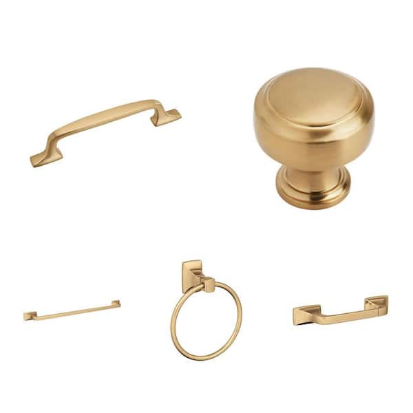 Champagne Bronze Set: 5-1/16 in. Arch Pull, 1-3/16 in. Round Knob, 24 in. Towel Bar, Towel Ring and Toilet Paper Holder