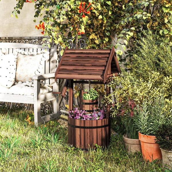 Outsunny - Wishing Well for Outside, Wood Wishing Well Planter with Hanging Bucket, Decorative Planter, Carbonized