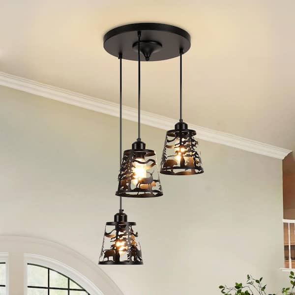 3-Light Black Modern Cluster Chandelier with Artistic Rustic Metal Cutout Shades for Entryway, Foyer and Staircase