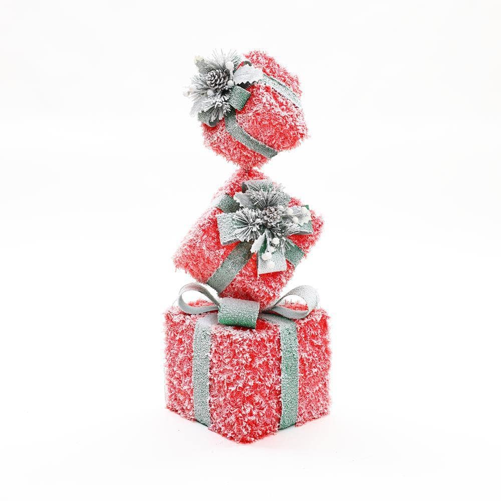 LuxenHome 31.89 in. H Red Frosted Gift Boxes with Battery Operated