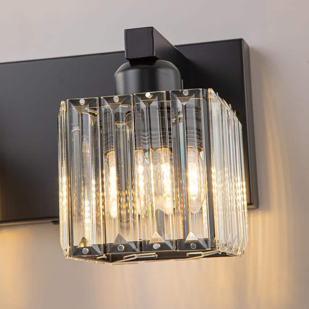 Black Metal 3-Light Vanity Fixture with Crystal Cube Shades