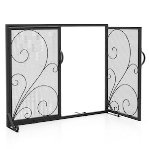 38 in. x 31 in. Black Metal One-Panel Double Door Fireplace Screen w/Magnetic Panels Stable Support Rear